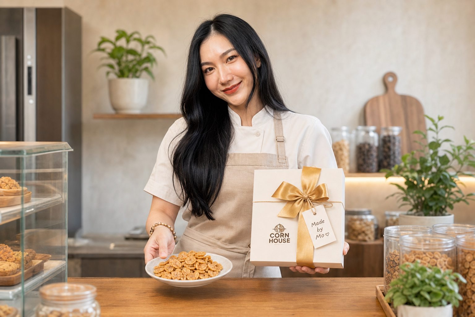 Mo looking at the camera with a Corn house gift box and cornflake cookies
